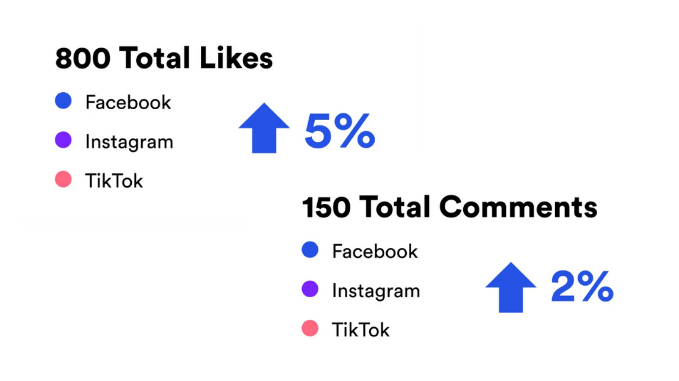 Social media stats: 800 total likes with a 5% increase and 150 total comments with a 2% increase across three platforms.