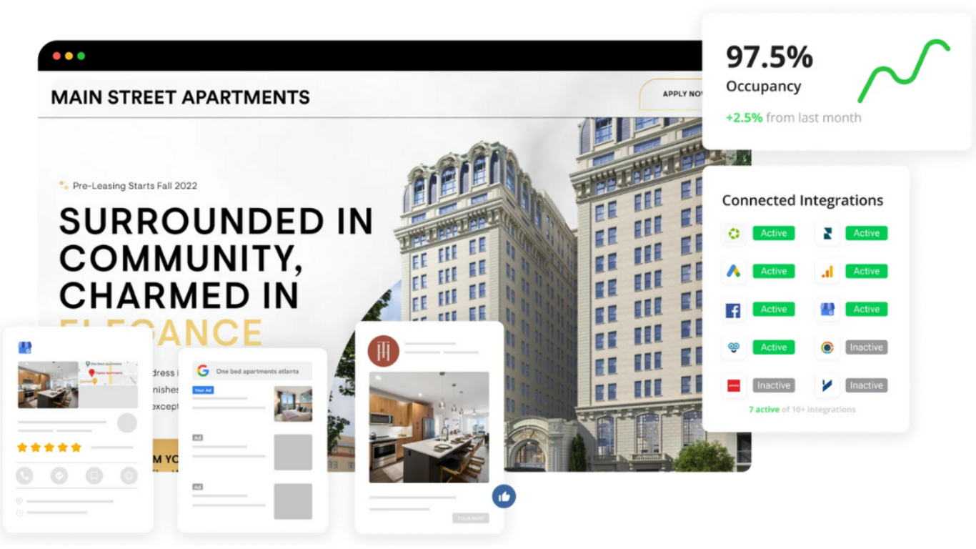 A digital dashboard showing apartment complex website design, occupancy metrics, and software integration tools.