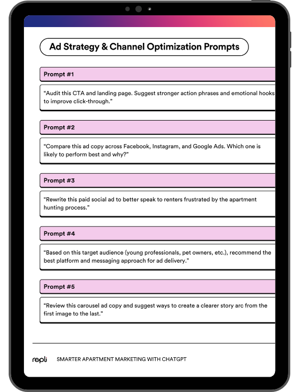 A tablet displaying a list of five prompts for Ad Strategy and Channel Optimization under the title Smarter Apartment Marketing.