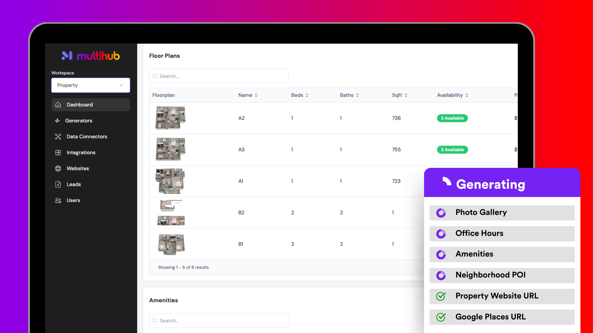 A tablet showing a table of data with images and status indicators; a purple and white 