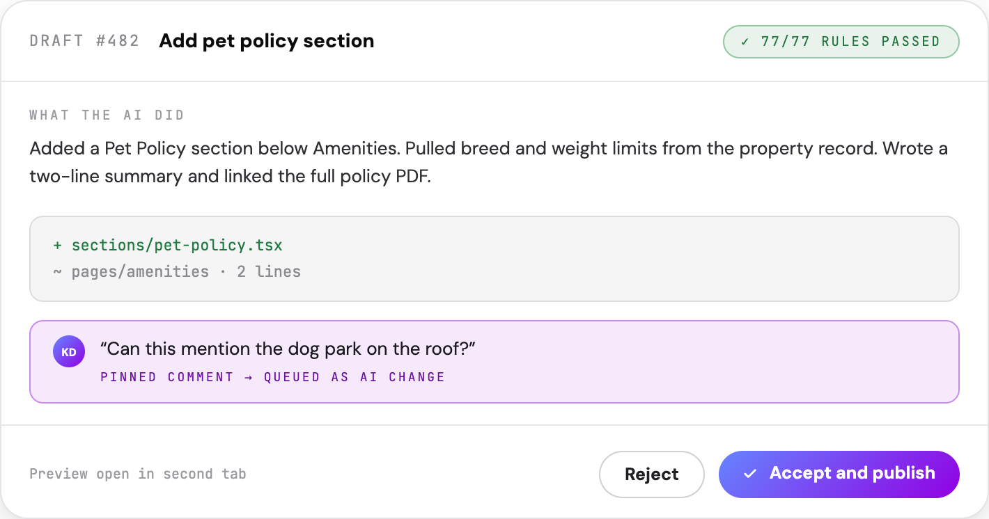 Policy editor screen with a highlighted purple alert and action buttons for reject or accept and publish