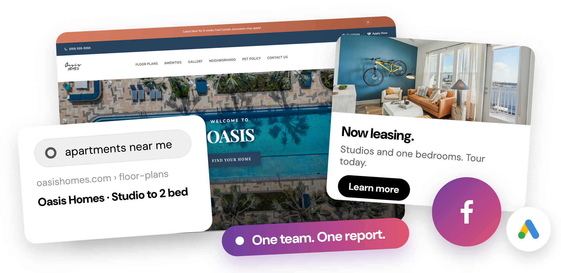 Real estate website mockup with search cards and a purple “One team. One report.” button
