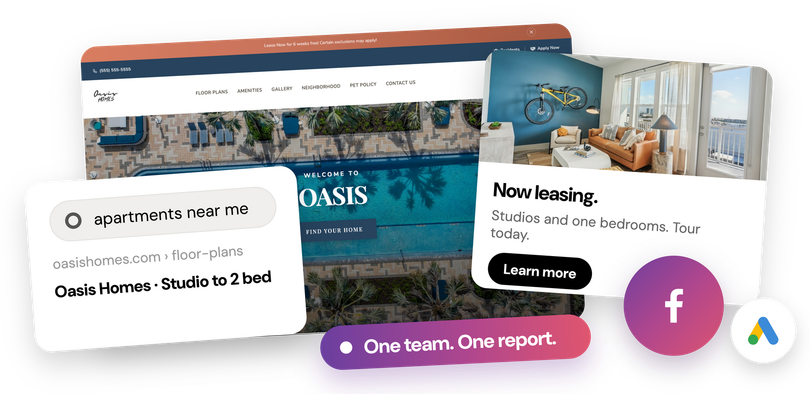 Real estate website mockup with search cards and a purple “One team. One report.” button