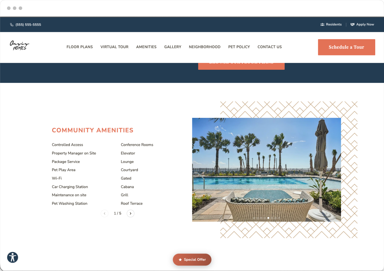 Amenities Page Preview of Oasis Property Website Theme