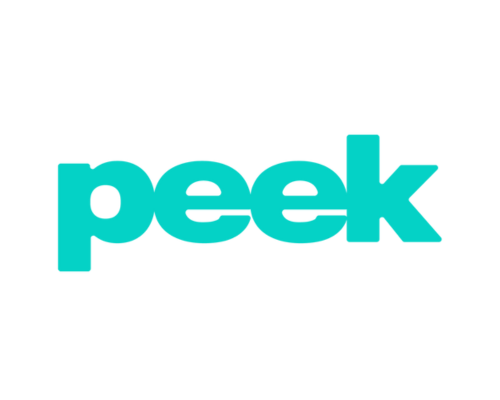a blue peek logo on a white background