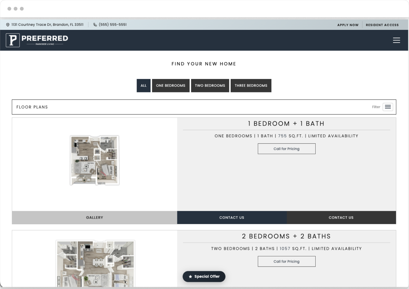 Floor Plans Page Preview of the Preferred Property Website Theme