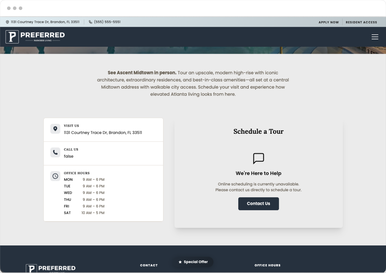 Schedule a Tour Page Preview of the Preferred Property Website Theme