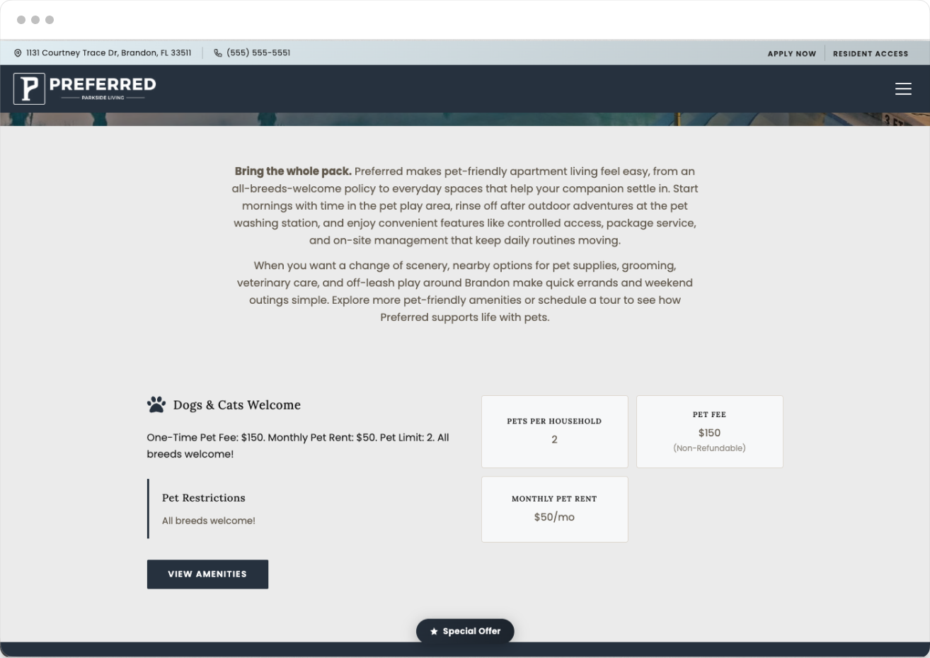 Pets Policy Page Preview of the Preferred Property Website Theme