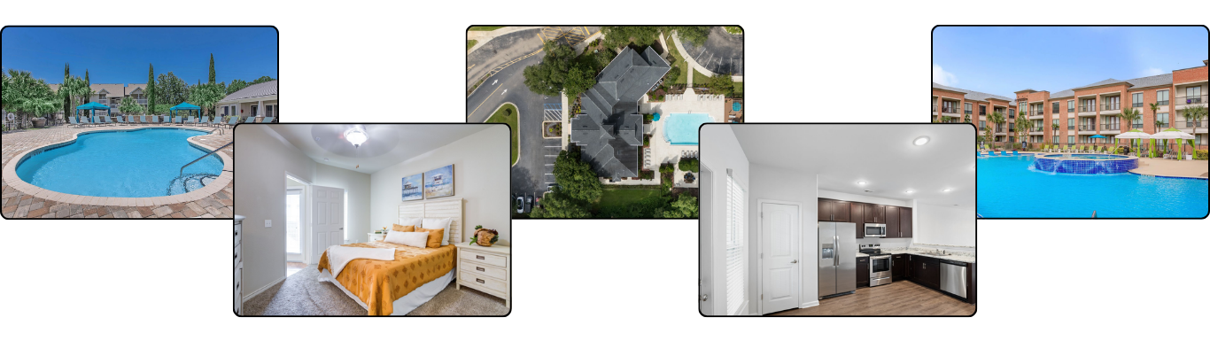 Collage of modern apartment amenities: pool, bright living room, courtyard, and kitchen.