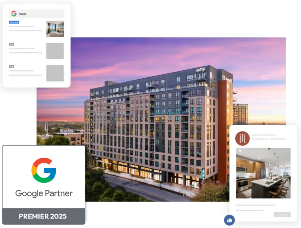 A modern apartment building at sunset, surrounded by overlays of Google search results and a 2025 Google Premier Partner badge.