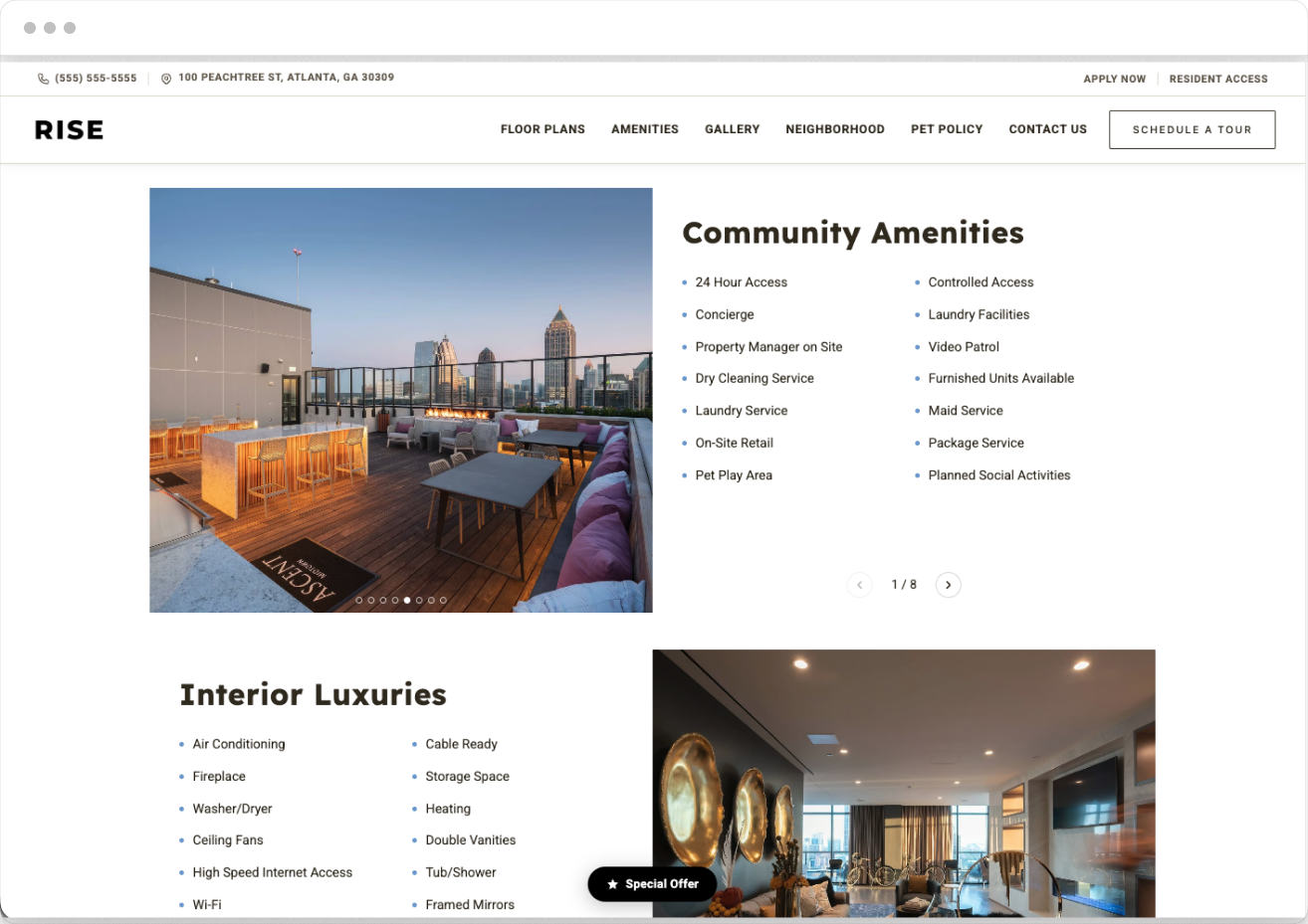 Amenities Page Preview of Rise Property Website Theme