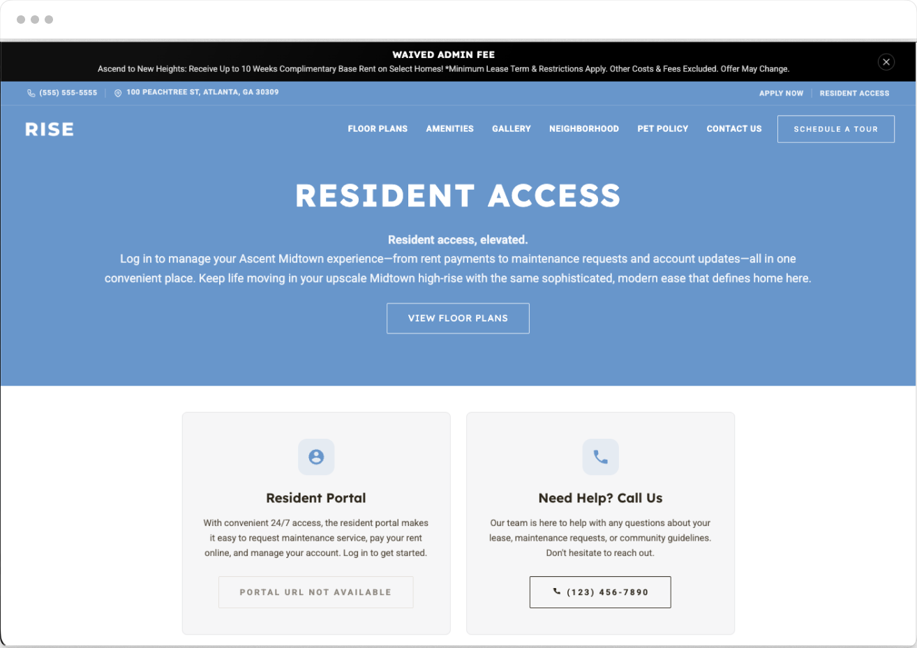 Resident Access Page Preview of Rise Property Website Theme