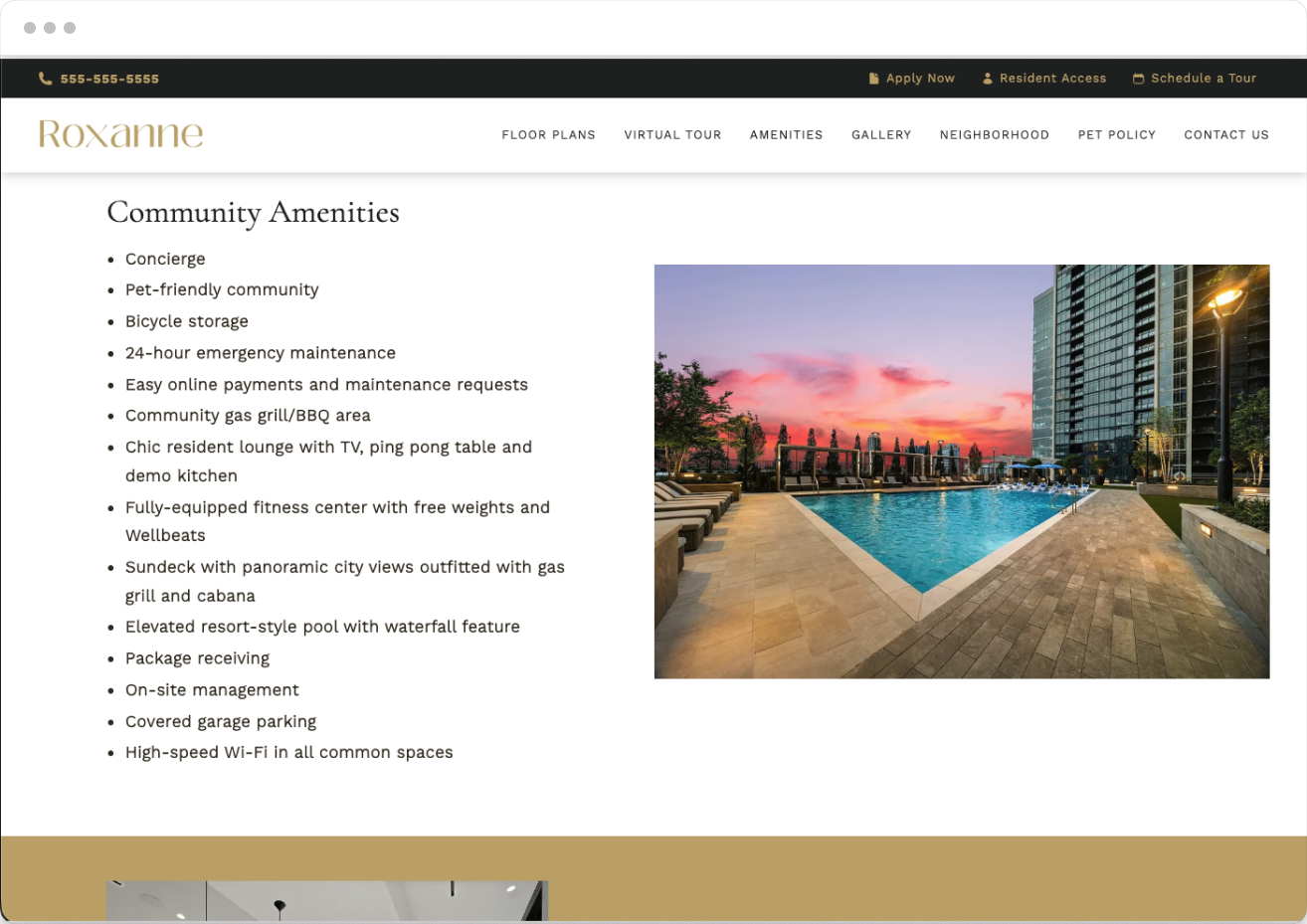 Amenities Page Preview of the Roxanne Property Website Theme
