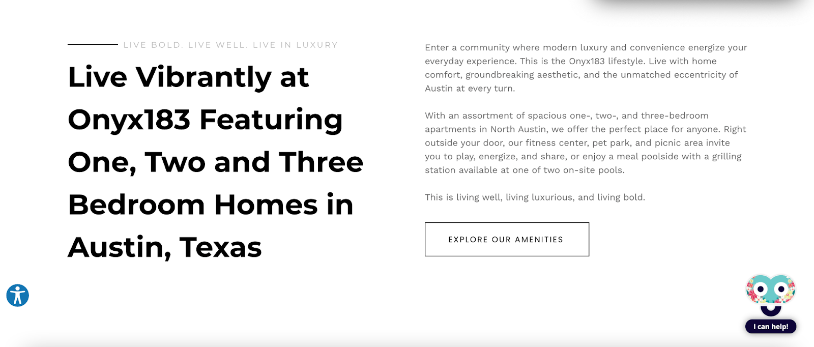 A website advertisement for onyx 183 featuring one , two and three bedroom homes in austin , texas.