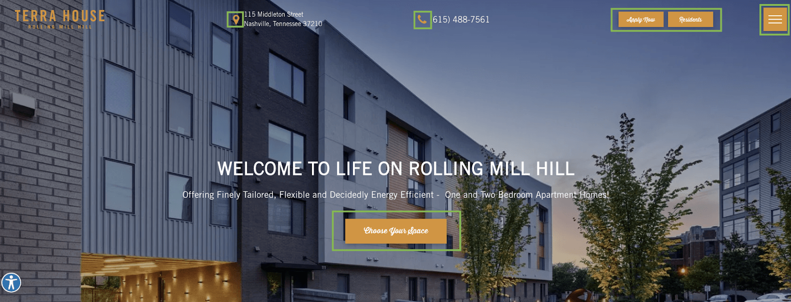 A screenshot of a website for a apartment building.