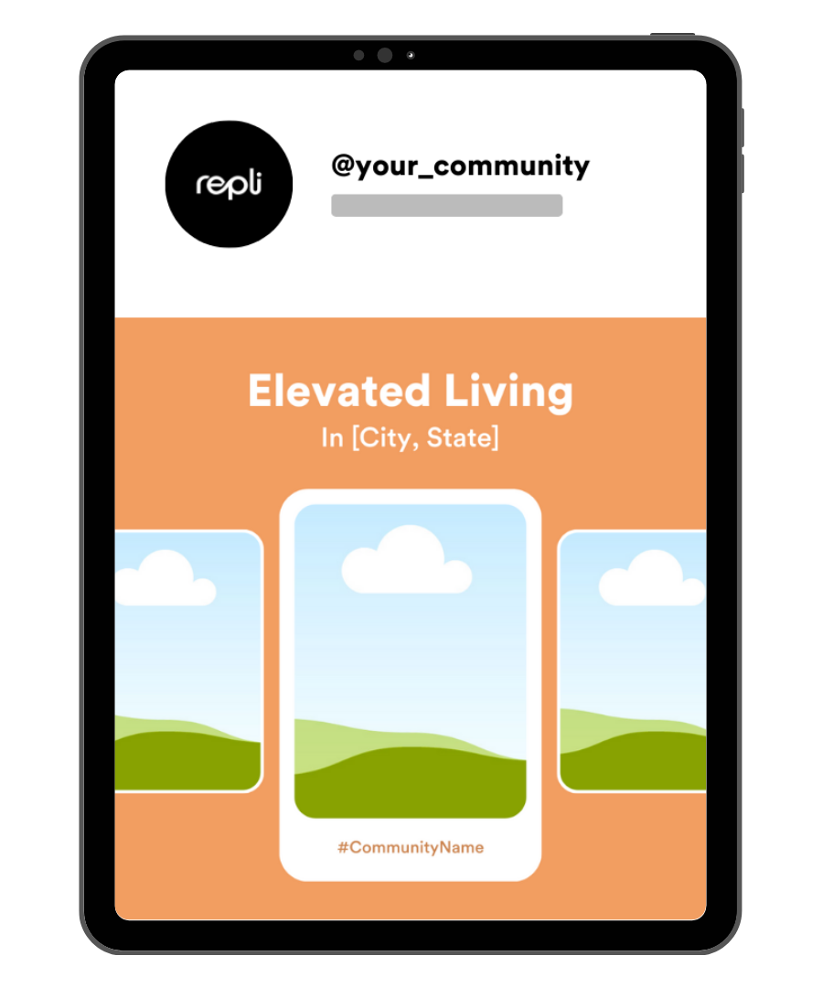 A tablet with a page that says elevated living in city , state.