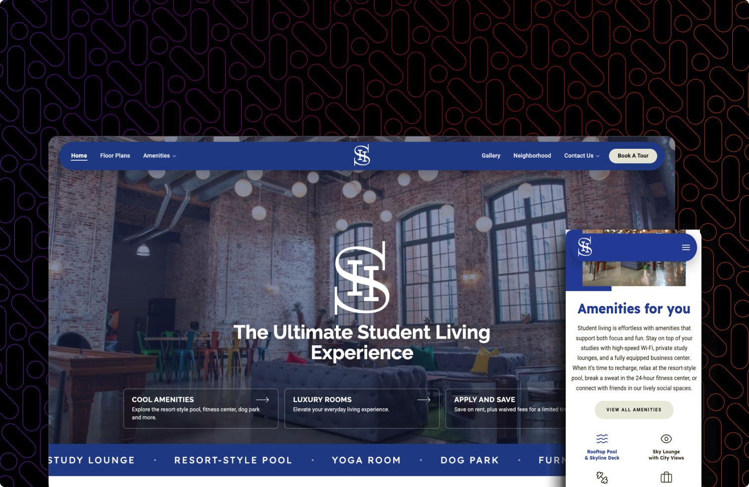 Website for Student Living Experience. Blue, brown, and white color scheme. Indoor setting with modern decor.