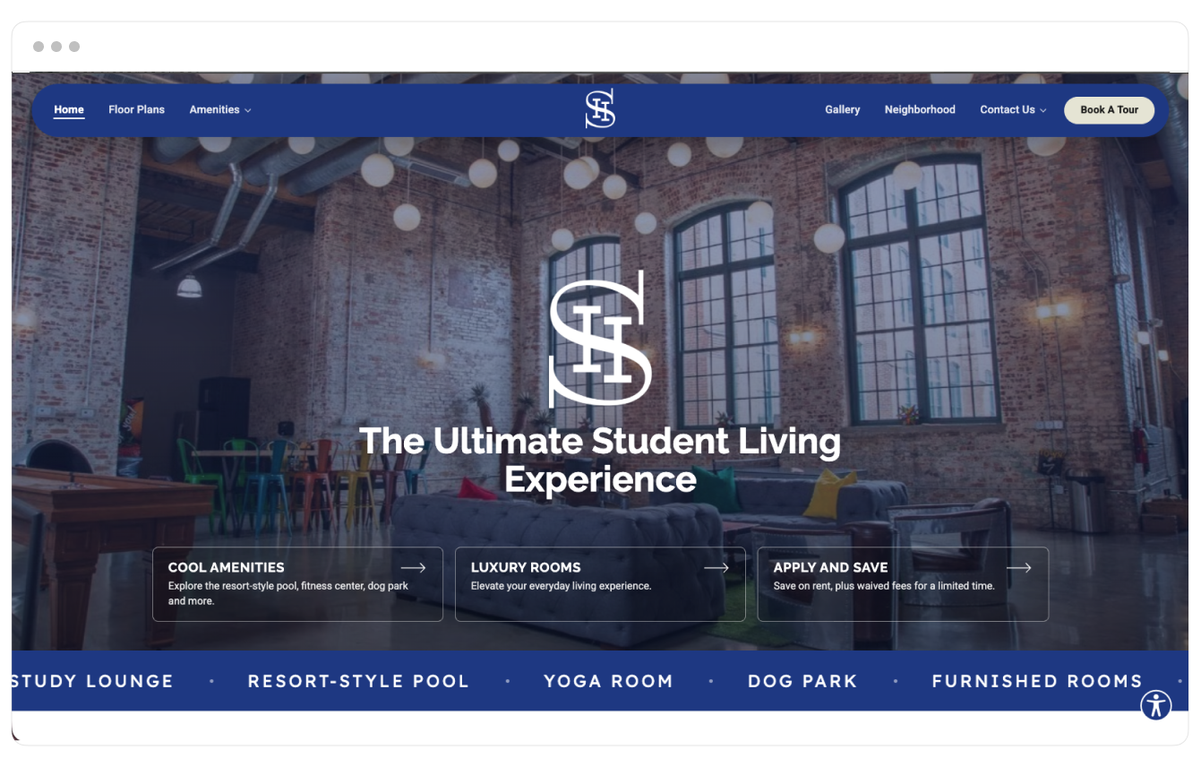Stadium House student housing theme displayed on desktop.