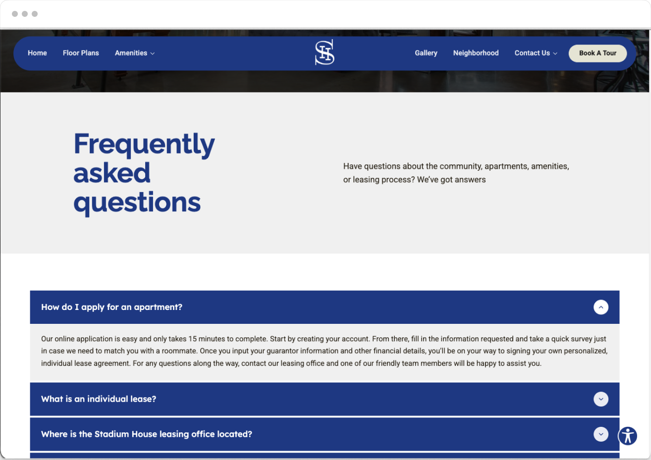 FAQ Page Preview of the Stadium Student Property Website Theme