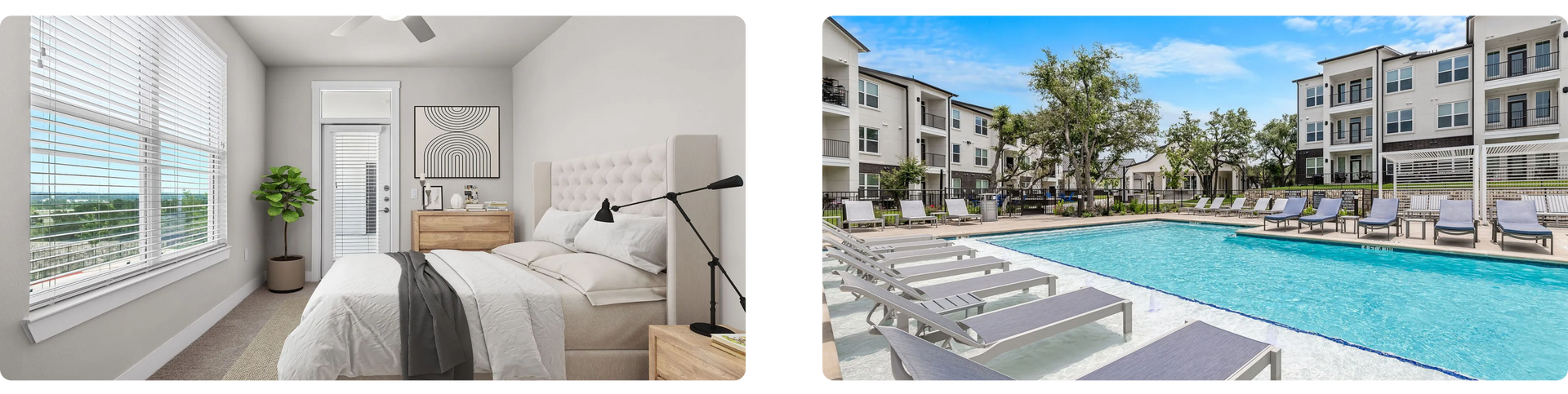 A bedroom with natural light on the left and an apartment complex pool area with lounge chairs on the right.