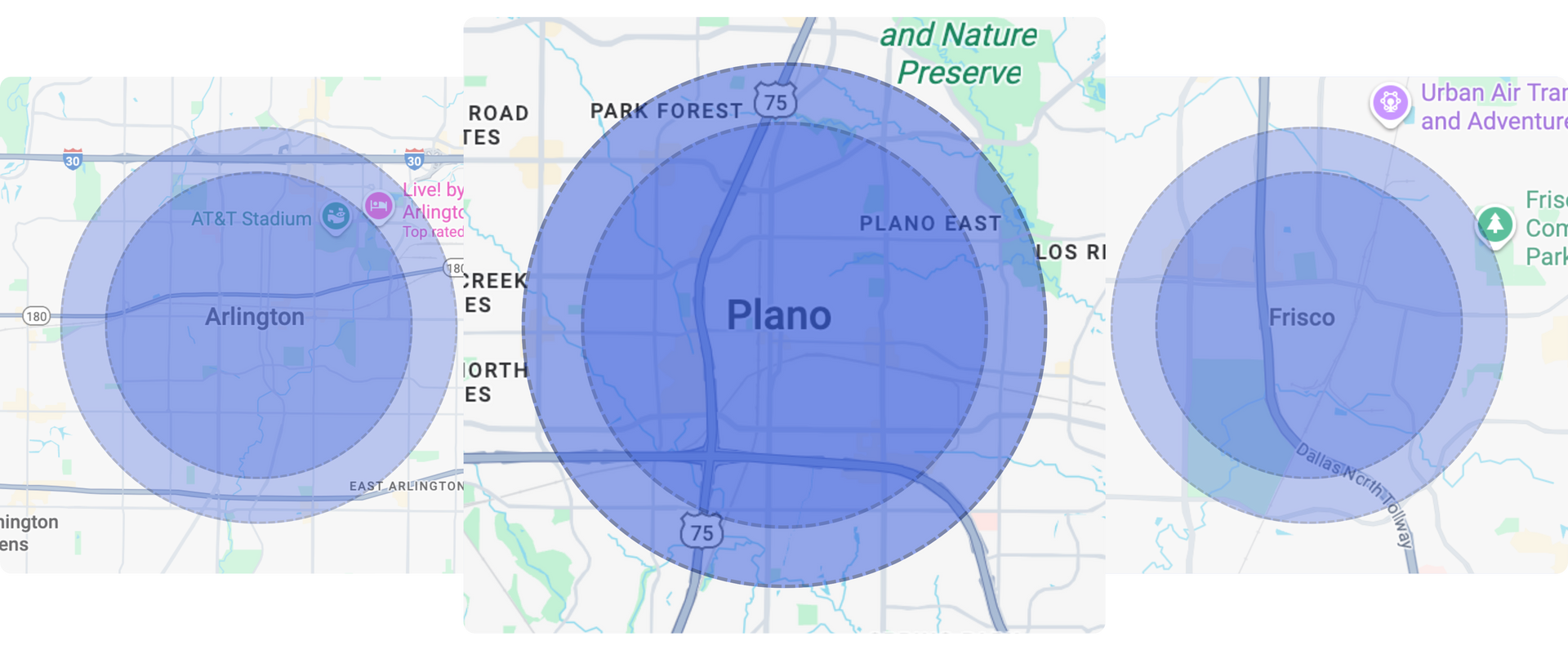 Three maps of Texas cities—Arlington, Plano, and Frisco—each featuring circular geographic coverage zones in blue.