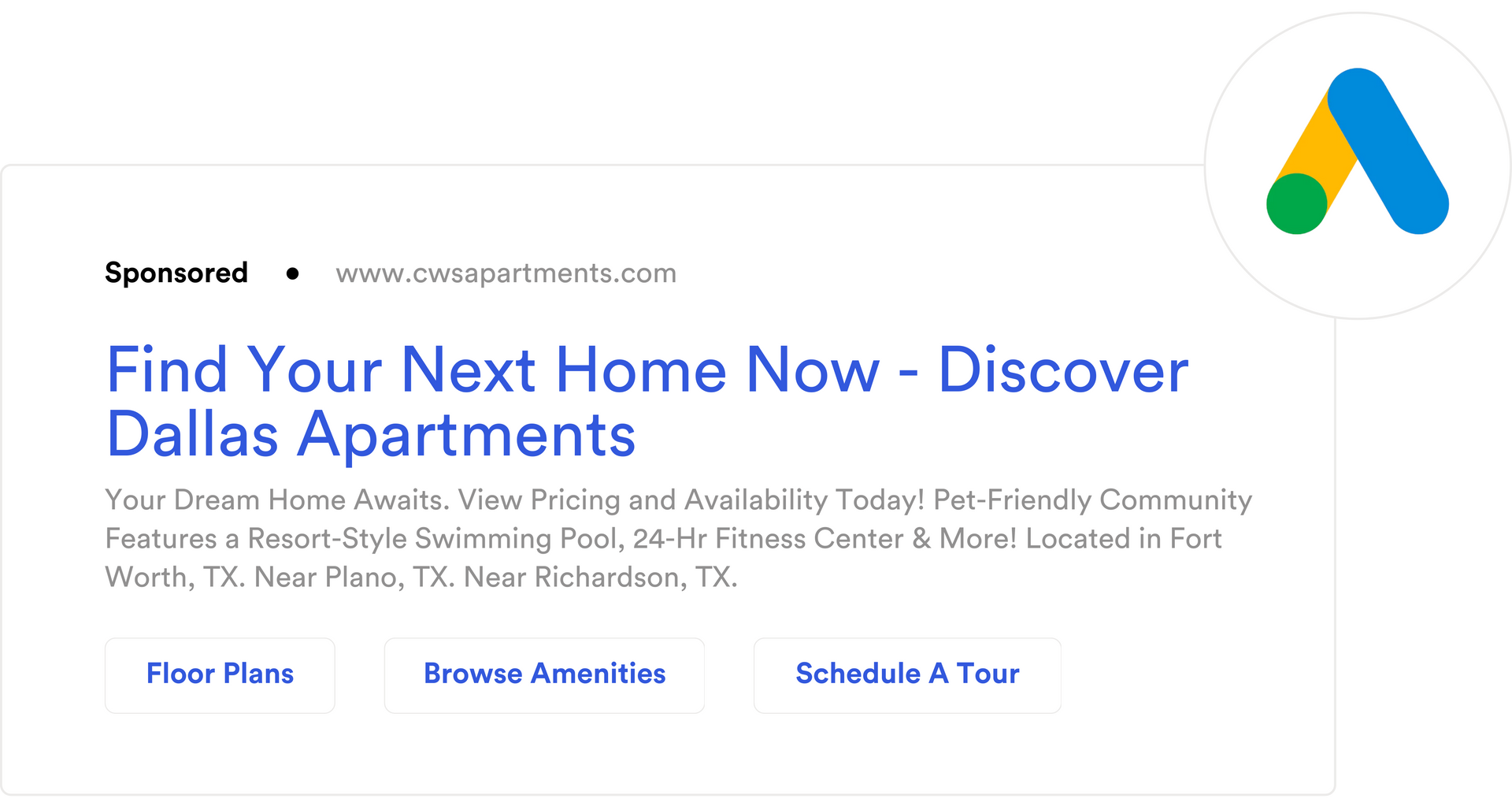 A Google search advertisement for Dallas apartments, featuring a link to browse floor plans, amenities, and schedule a tour.