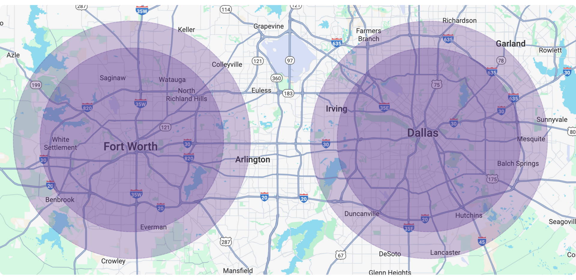 A map of the Dallas-Fort Worth area showing two purple circular service zones centered over each city.