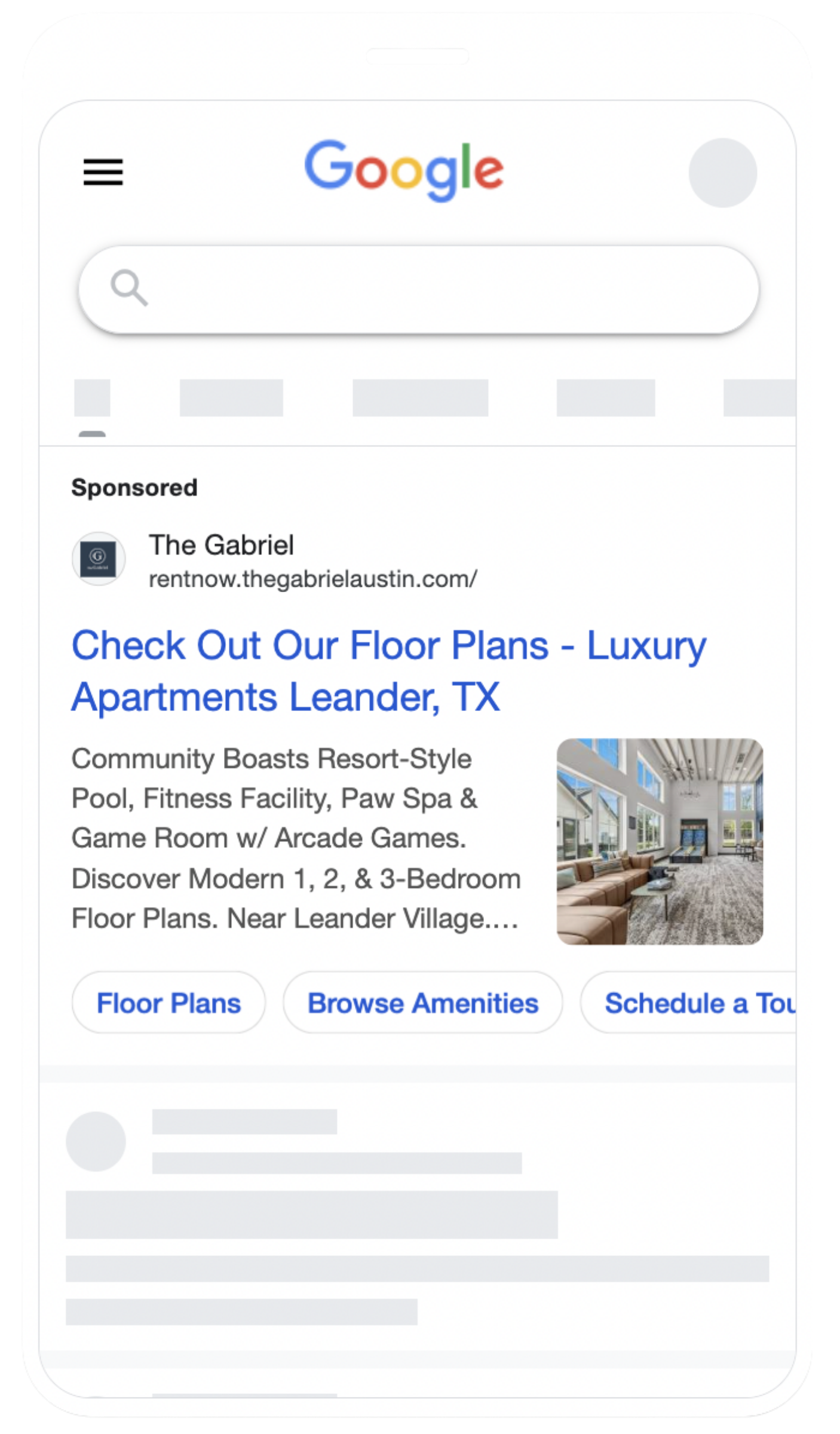 A mobile search engine results page showing a sponsored ad for luxury apartments in Leander, TX with floor plan options.