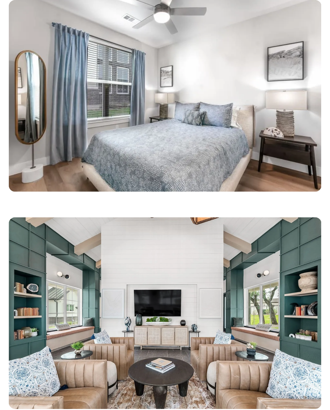 Two interior views: a blue-themed bedroom with an oval floor mirror and a living area with green shelving and tan chairs.