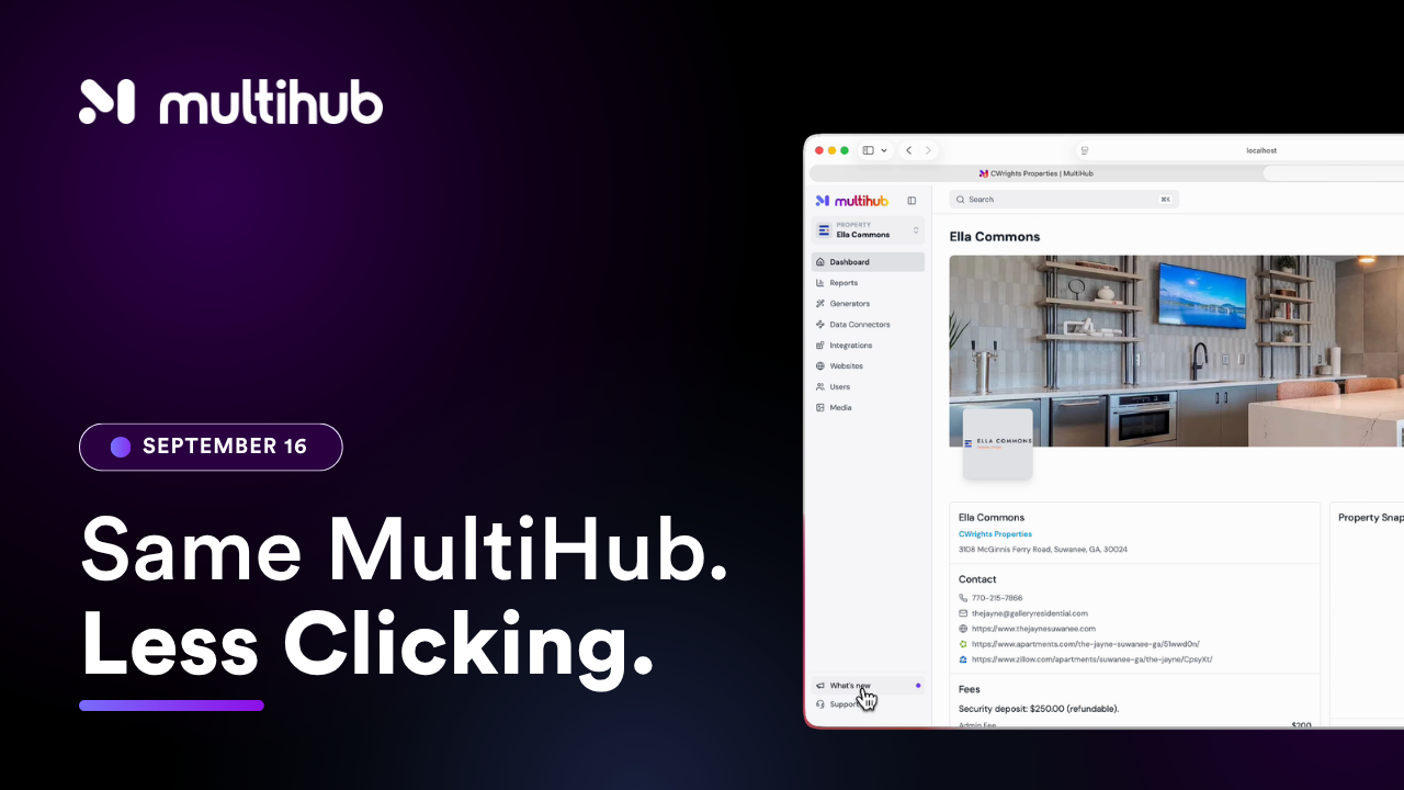 MultiHub promo with purple background, “Same MultiHub. Less Clicking.” and a dashboard screenshot on the right