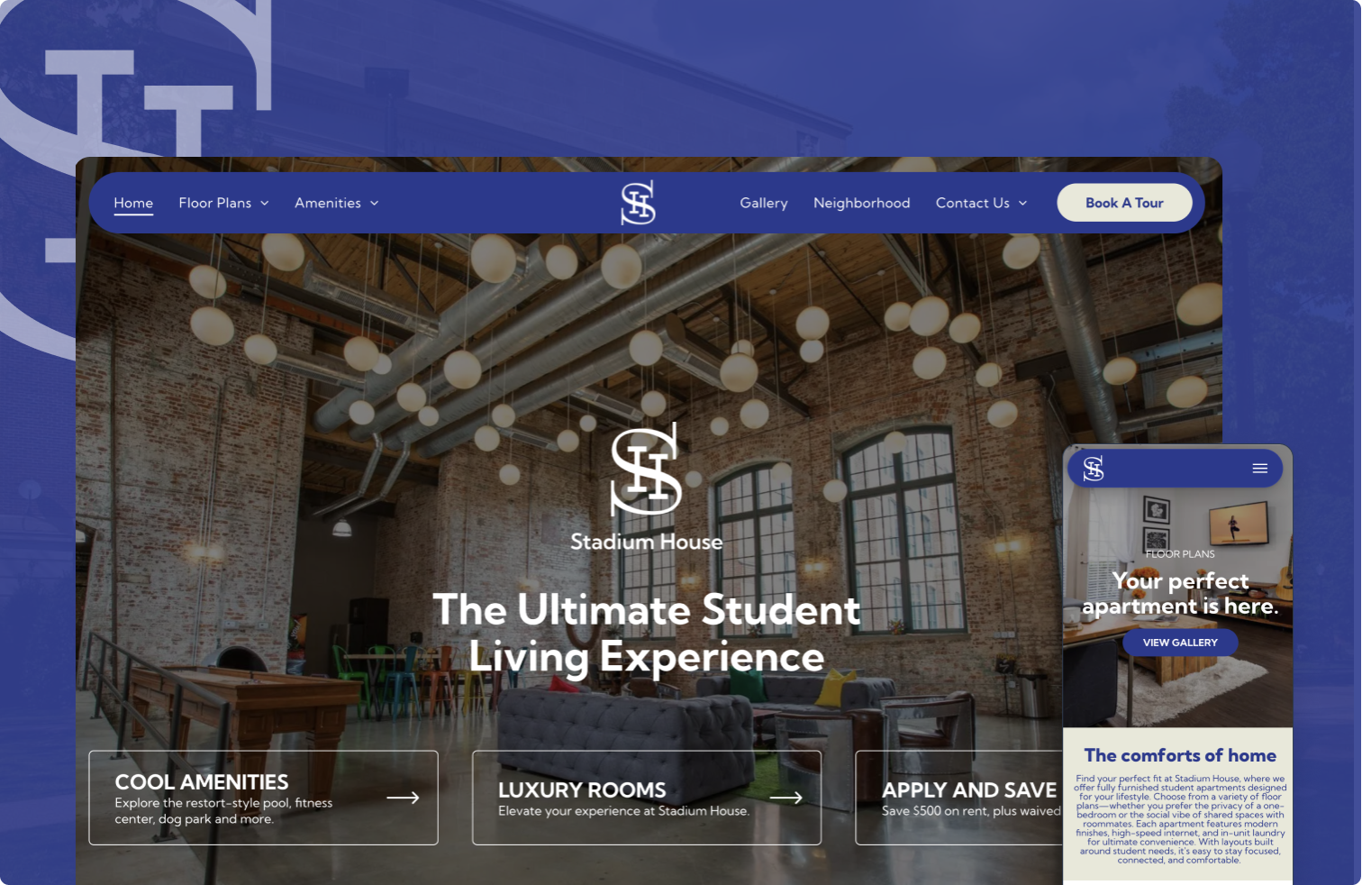 Website for Student Living Experience. Blue, brown, and white color scheme. Indoor setting with modern decor.
