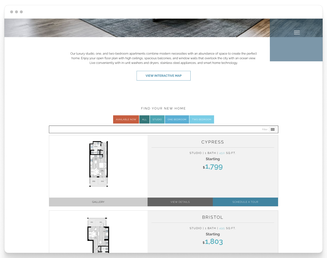 Floor Plans Page Preview of Vantage Property Website Theme