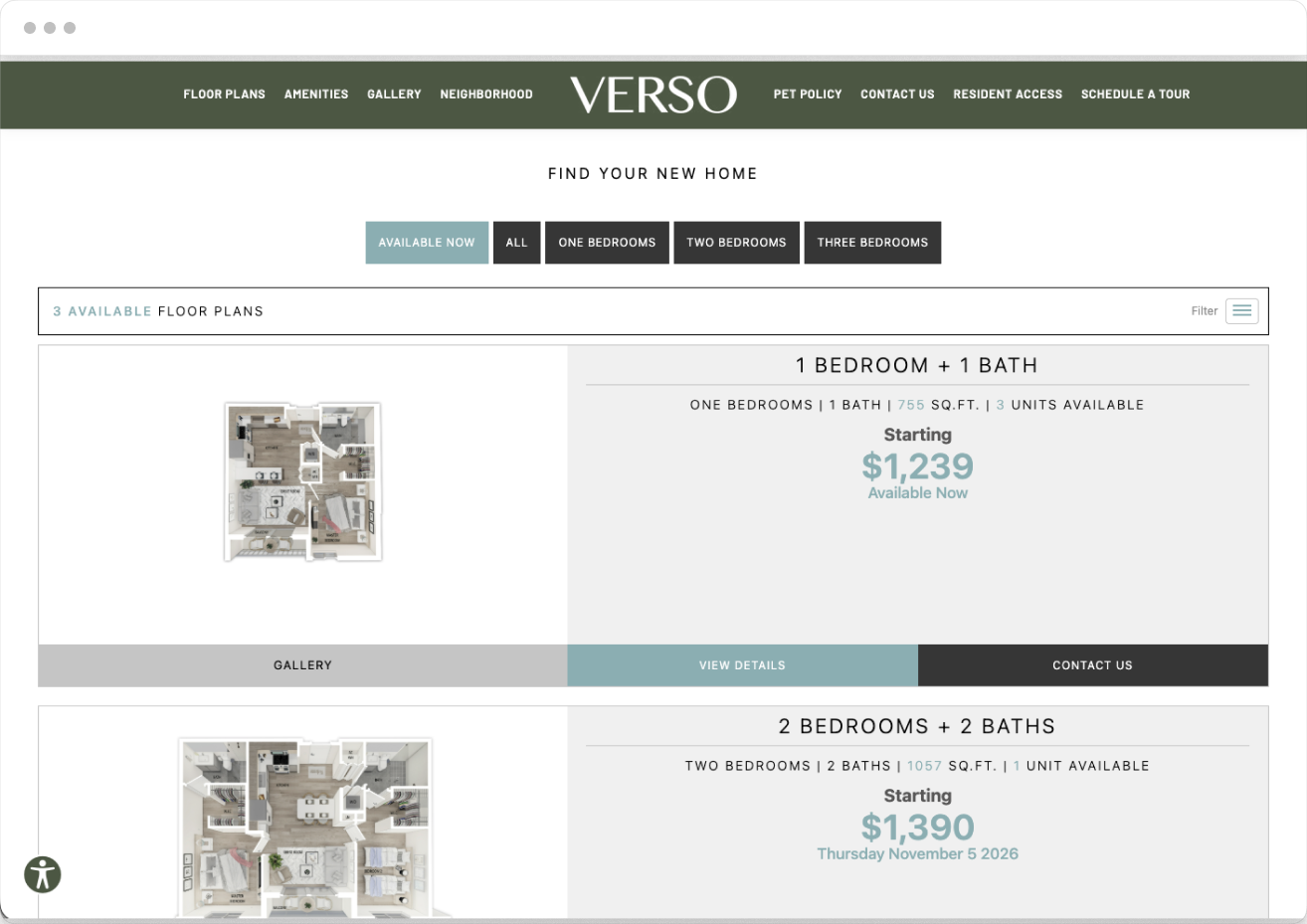Floor Plans Page Preview of Verso Property Website Theme