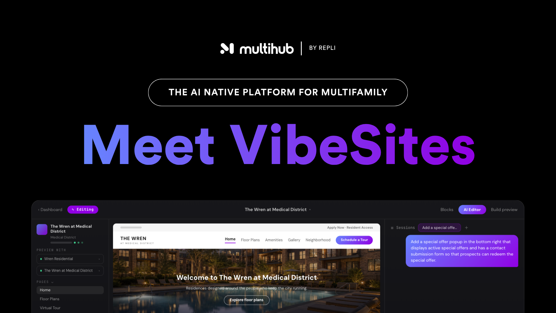 Dark landing page for MutHub promoting “Meet VibeSites” with purple headline and website mockups