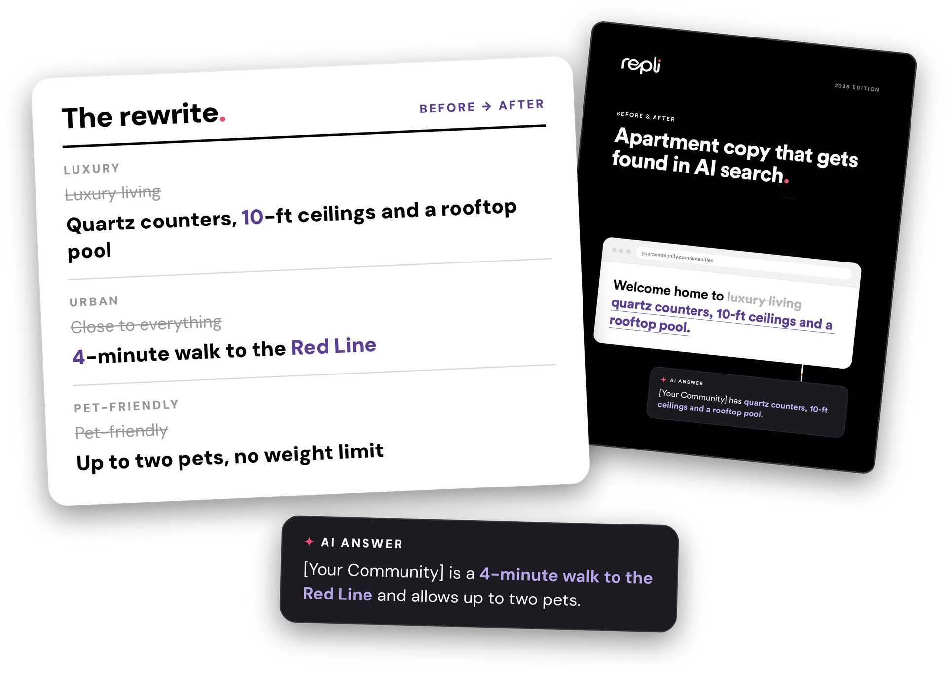 White page and dark mobile-style cards showing website rewrite notes and feedback labels