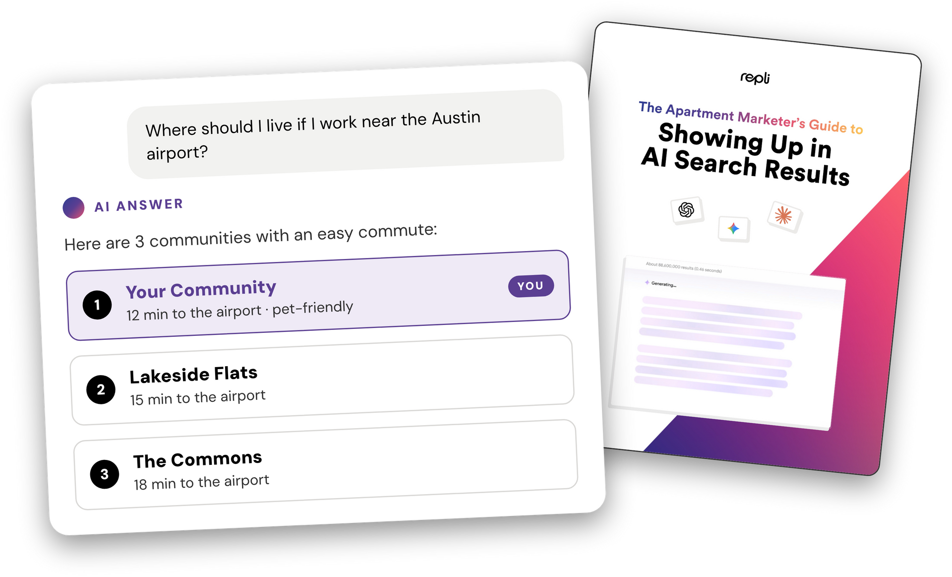 A purple-themed AI search results interface with cards and a “Showing Up in AI Search Results” document.