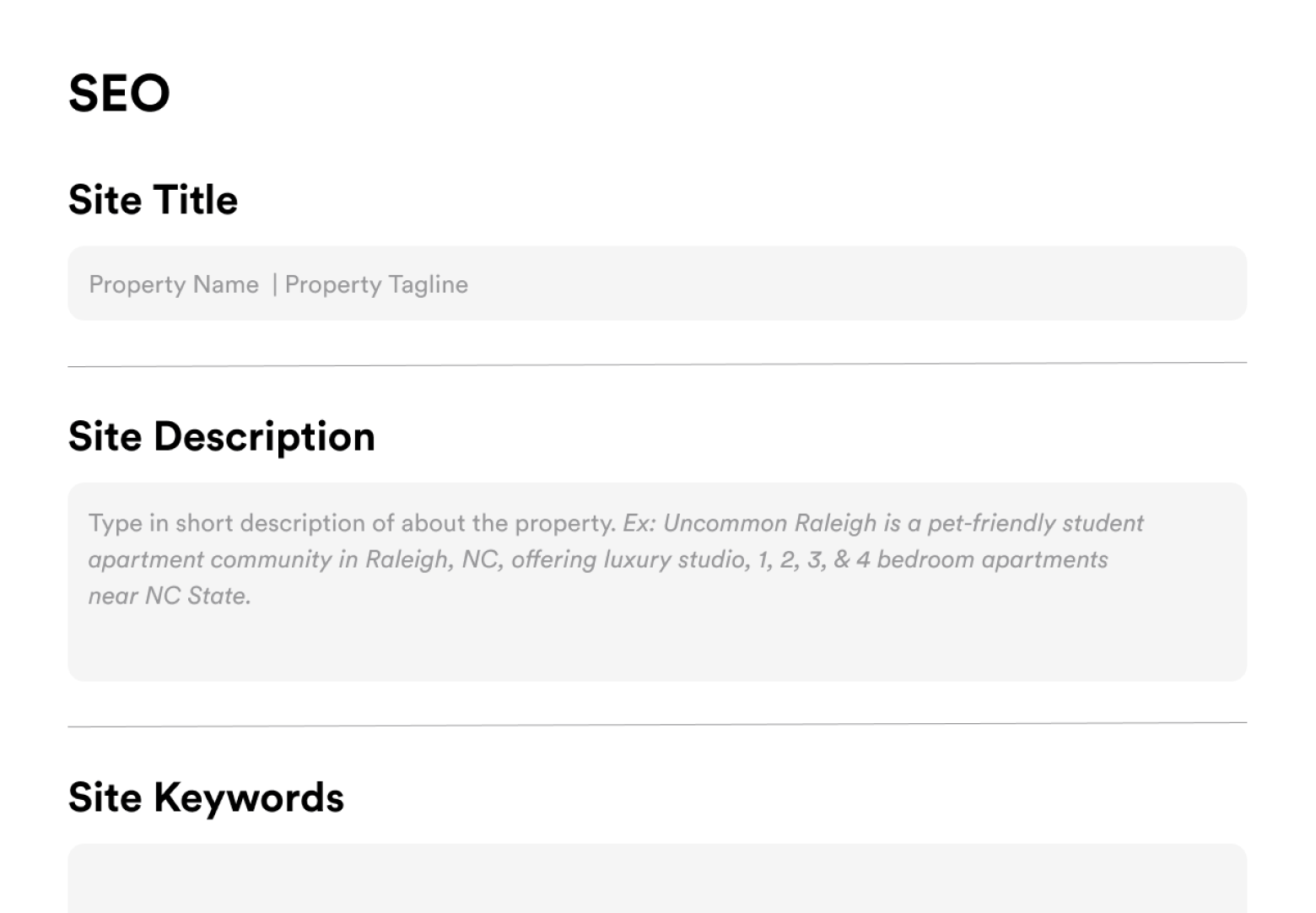 A website with a site title , site description , and site keywords.
