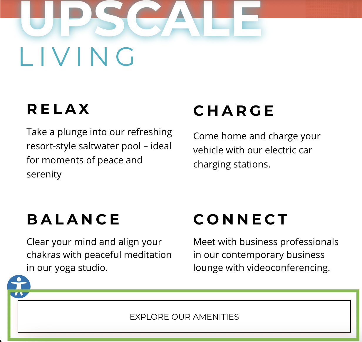 A poster for upscale living that says relax , charge , balance , and connect.