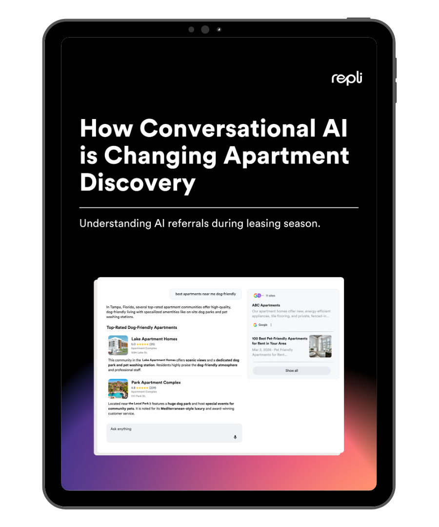 A digital tablet displays a Repli presentation cover titled 