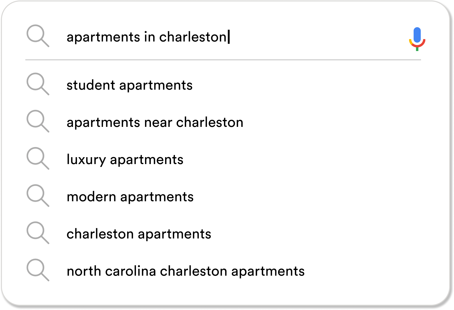 A google search for apartments in charleston is shown.