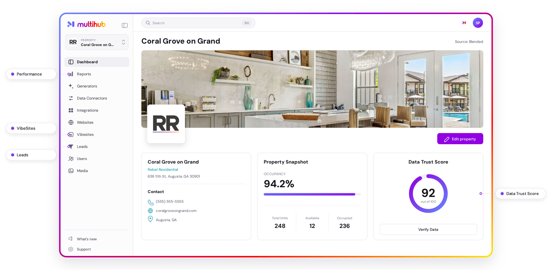 Restaurant dashboard with a wide kitchen photo, purple accents, and analytics cards on a clean white interface