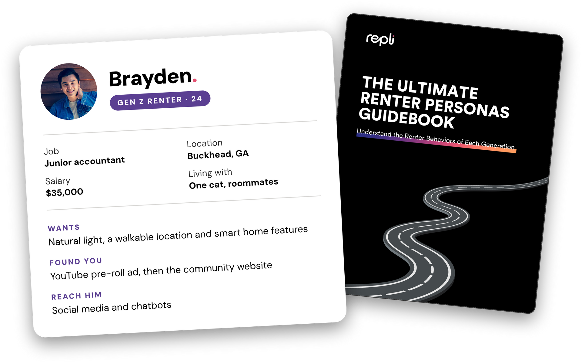Two cards: a white profile card for Brayden and a black “Ultimate Renter Personas Guidebook” cover with a winding road graphic