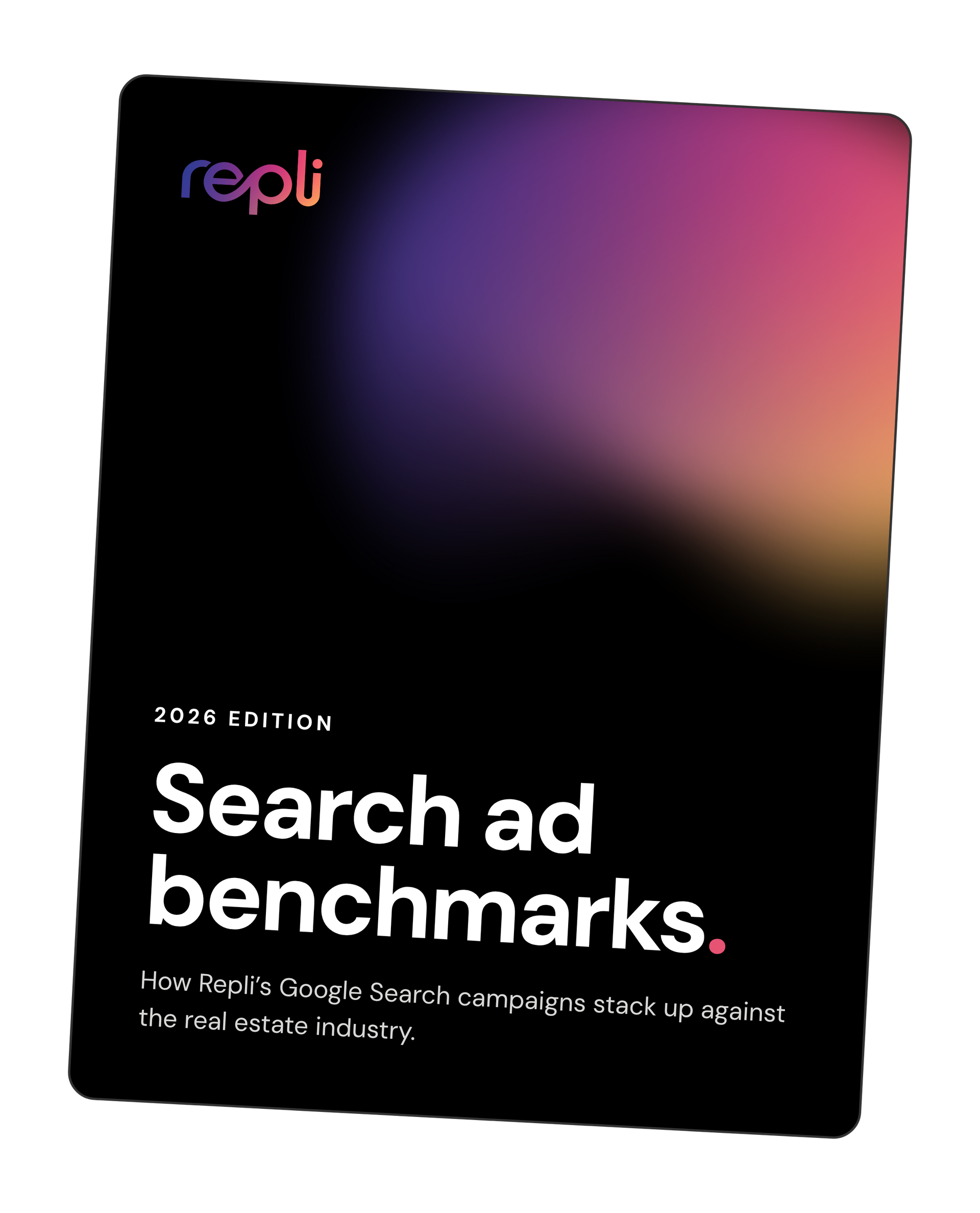 Repli ad graphic with dark background and colorful gradient, titled “Search ad benchmarks.”