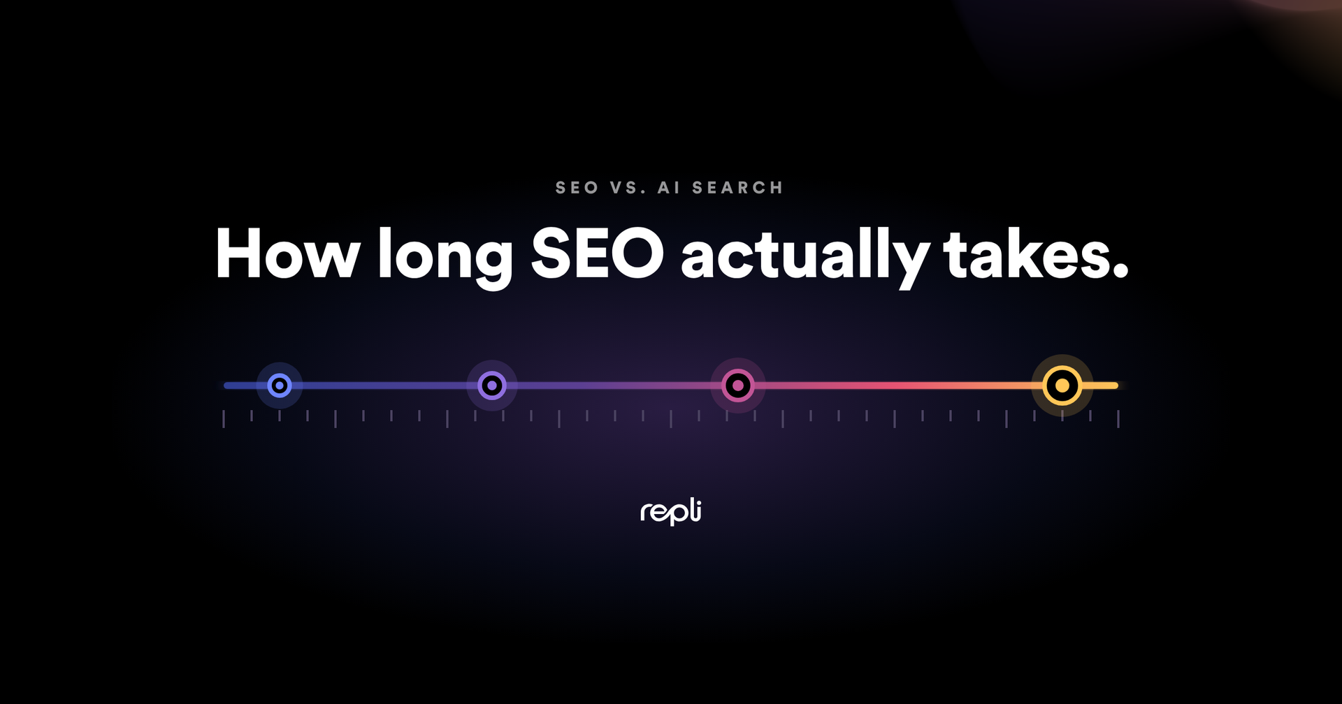 Dark slide with “How long SEO actually takes” above a colorful horizontal timeline with four dots and “SEO?” below
