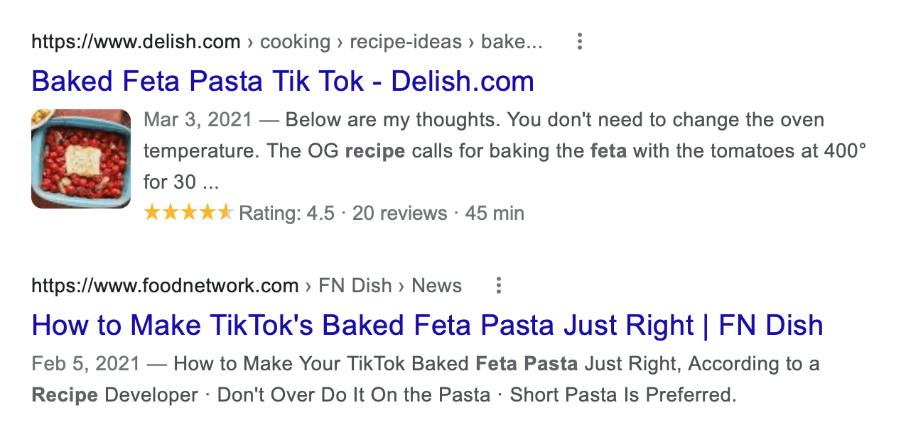 A google search for baked feta pasta tik tok delish.com