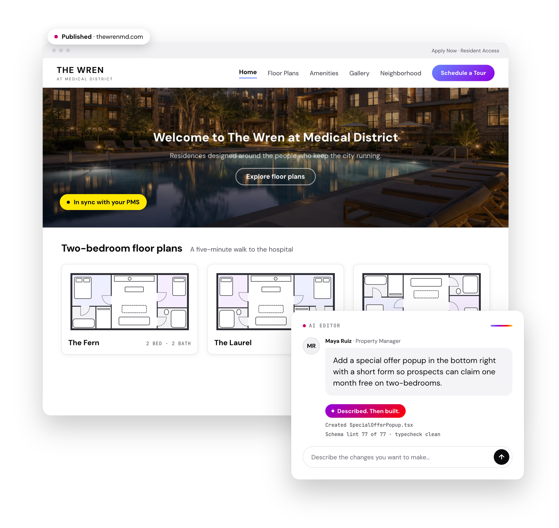 A website homepage for the West End Historic District featuring apartment listings and floor plans.