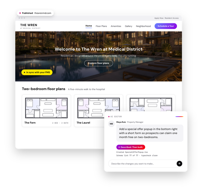 A website homepage for the West End Historic District featuring apartment listings and floor plans.