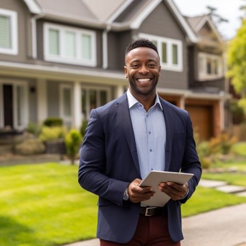 An agent with tablet, smiling outside a home for sale