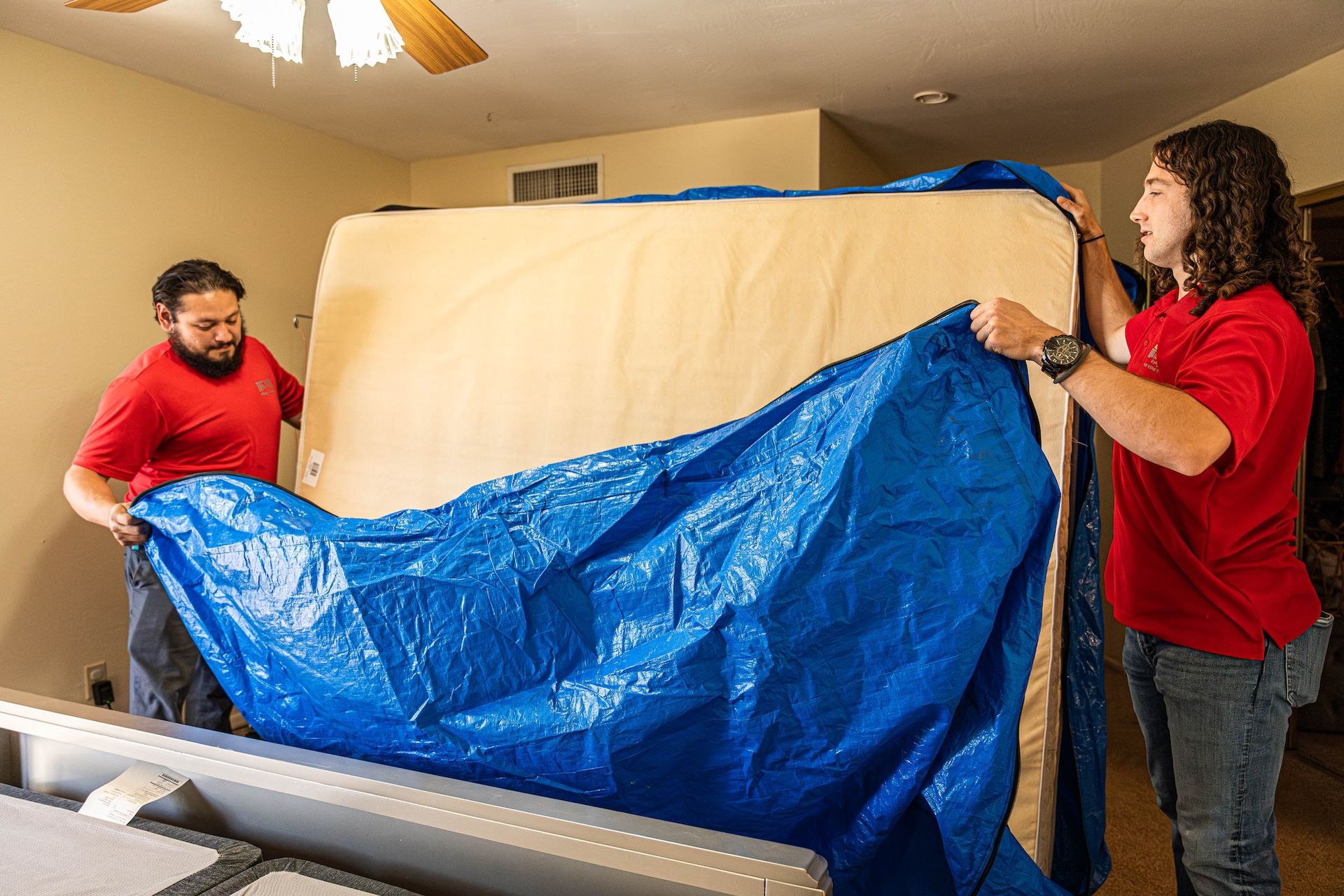 Two people in red shirts covering a large object with a blue tarp indoors