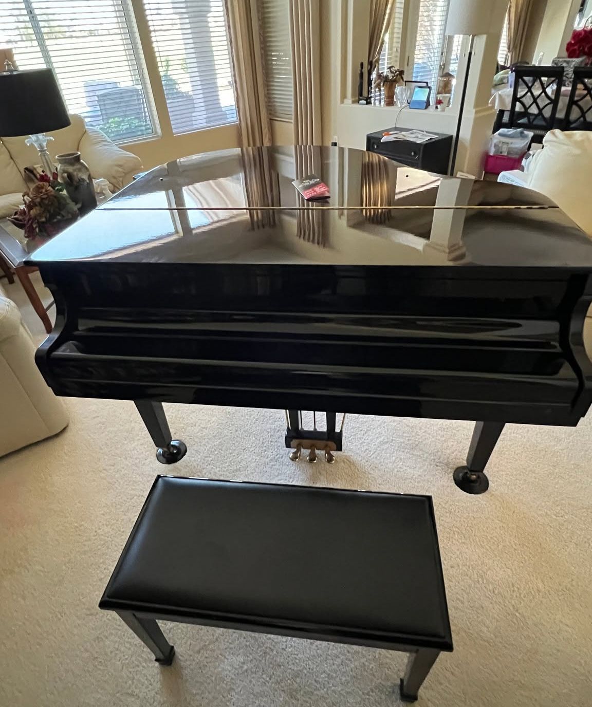 Black grand piano with matching bench in a sunlit room.